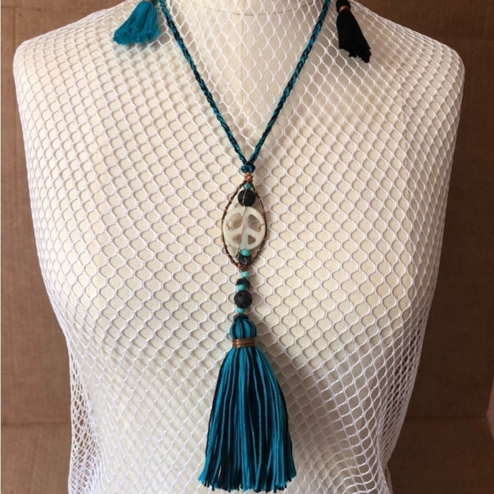Handmade Adjustable Peace Necklace with Lava Stones Diffuser and Tassels